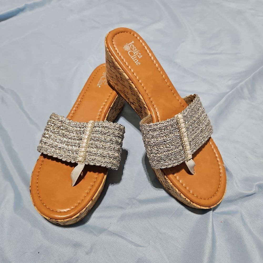 Jessica Cline 9.5 Platform Cork Wedge Thong Sandals